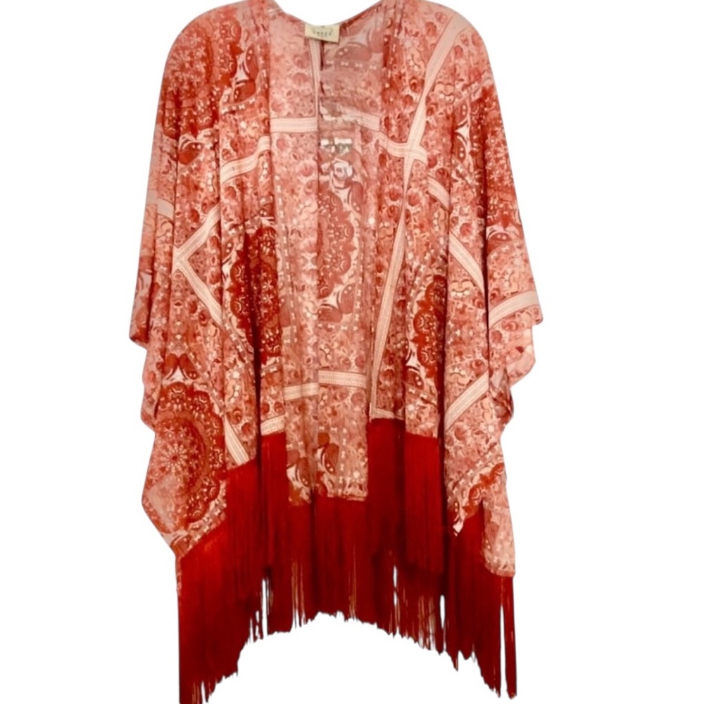 Ember Boho Fringe Kimono Cardigan Red Paisley Bandana Print Open Front Oversized - Picture 3 of 13